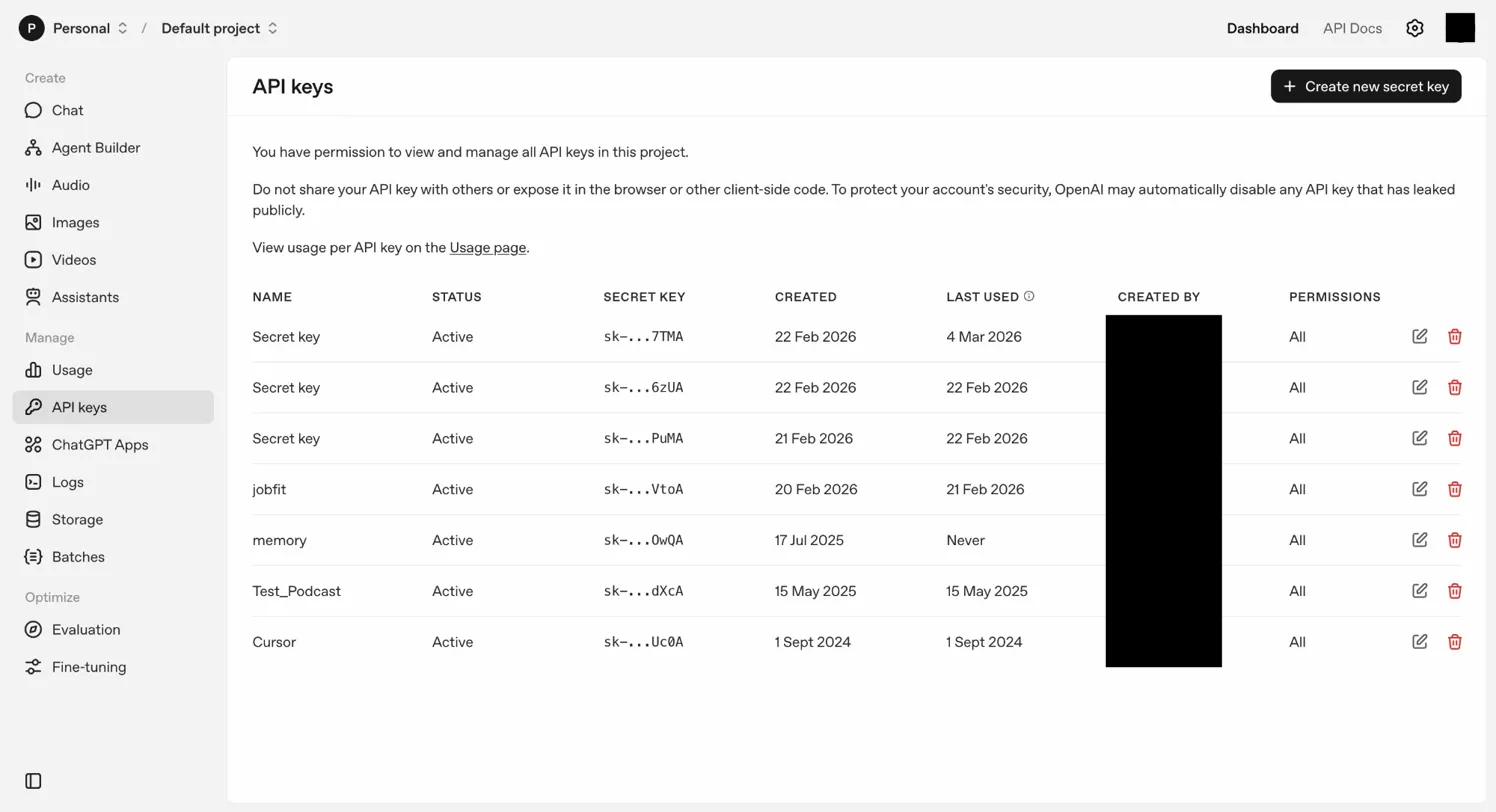 OpenAI platform API keys page