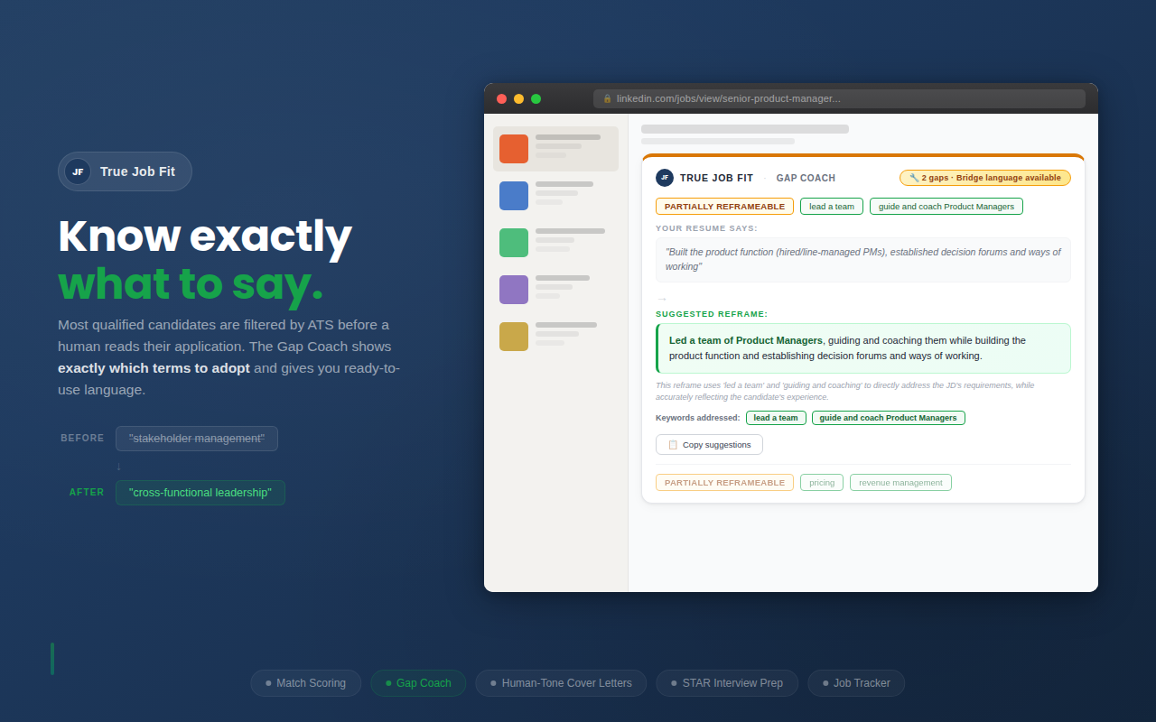 True Job Fit gap coach with bridge language