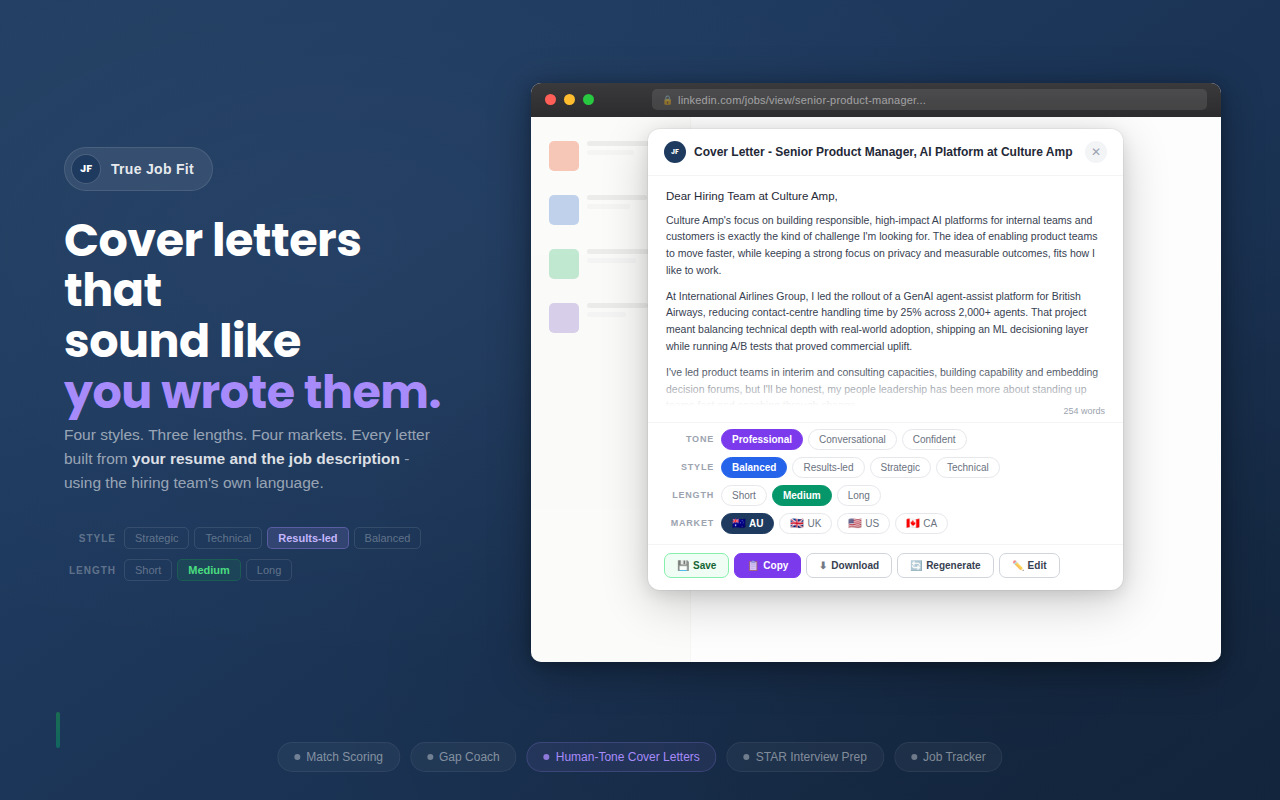 True Job Fit cover letter generator